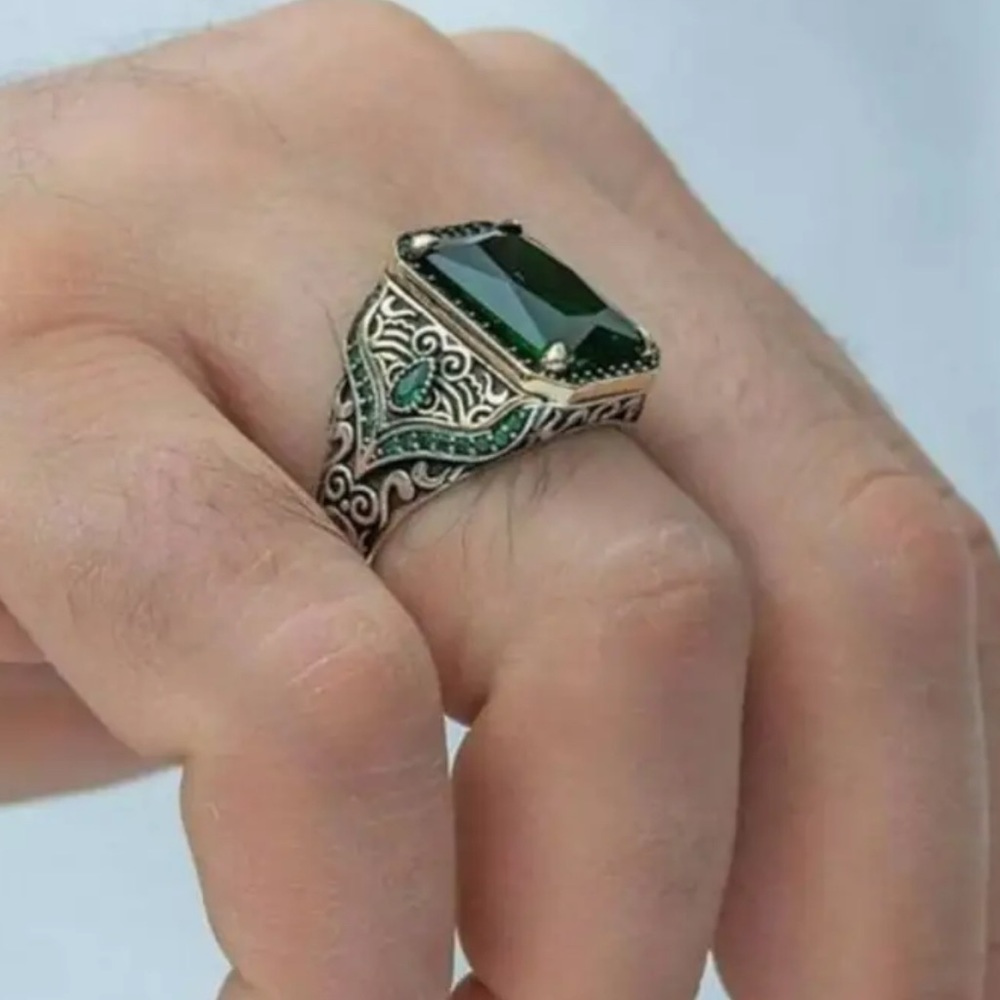 NEW Emerald Ottoman Turkish Retro Large Silver 925 Ring - Picture 4 of 6